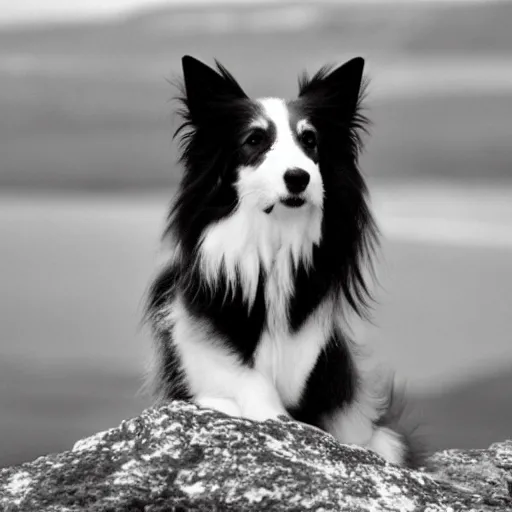 Prompt: a black and white colored Sheltie on a bluff on Isle of Slye. Illustration