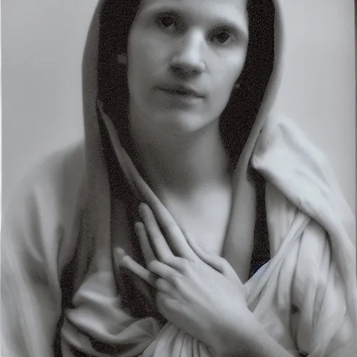 Image similar to The virgin Mary. Close-up studio portrait by Robert Mapplethorpe. Tri-x.