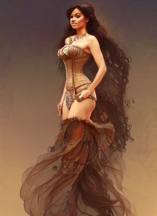 Image similar to cute brown woman wearing a transparent corset dress, fantasy, intricate, highly detailed, digital painting, artstation, concept art, wallpaper, smooth, sharp focus, illustration, art by artgerm and greg rutkowski and alphonse mucha