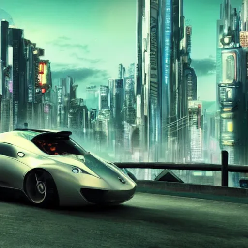 Image similar to The car is driving, with a gorgeous city in the background, cyberpunk, lots of detail