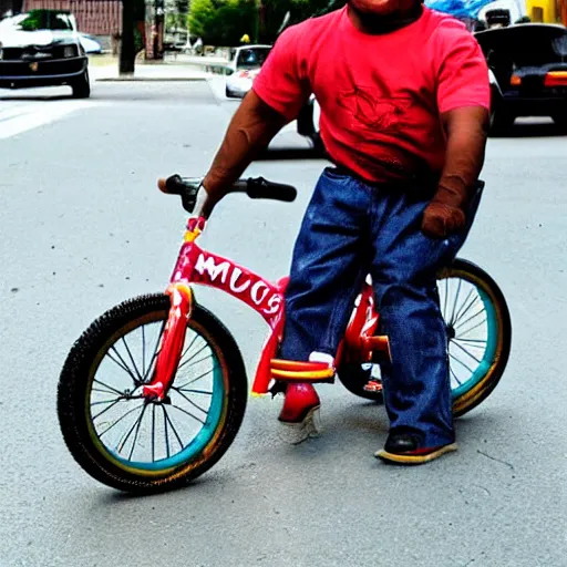 Image similar to mike tyson riding a tiny small clown bike