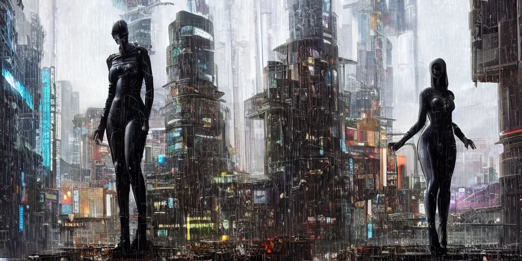 Image similar to cyberpunk statue, rain, space