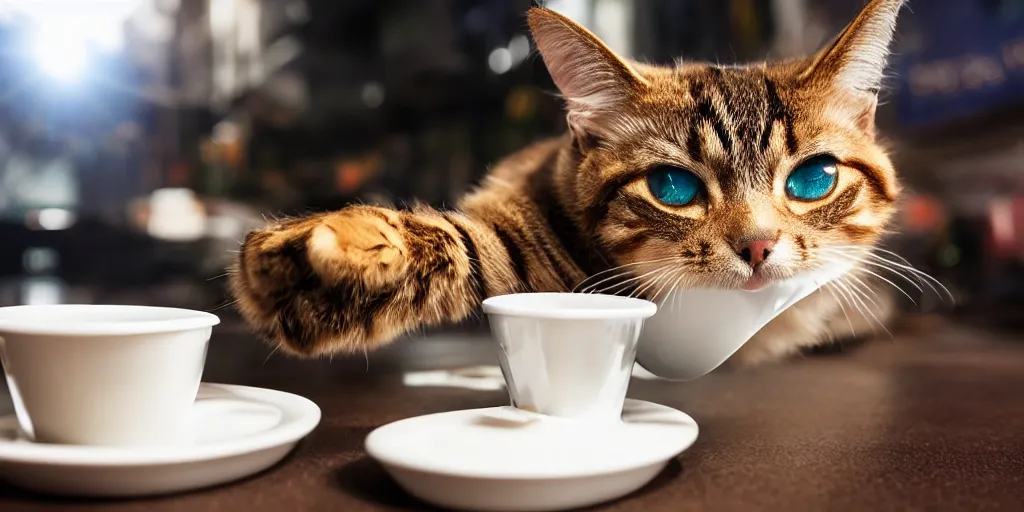 Image similar to tron cat knocking over a coffee cup with a disk