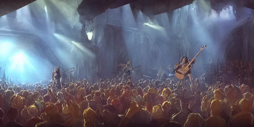 Prompt: ambience, atmosphere, sunbeams, concept art, sauron plays guitar at a rock concert to a crowd of orcs, lord of the rings, peter jackson, studio ghibli, detailed, realistic lighting, volumetric lighting, golden hour,