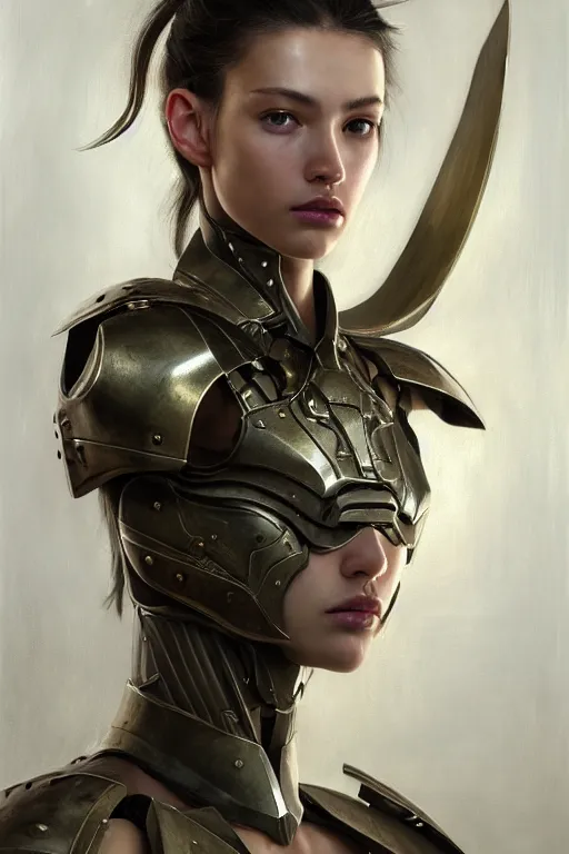 Image similar to a photorealistic painting of an attractive young girl, partially clothed in metal-plated battle armor, olive skin, long dark hair, beautiful bone structure, symmetrical face, perfect eyes, intricate, elegant, digital painting, concept art, illustration, sharp focus, minimal artifacts, from Metal Gear, in the style of Ruan Jia and Mandy Jurgens, by Greg Rutkowski, trending on Artstation, award winning