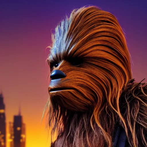 Prompt: a still of Chewbacca, studio lighting, 4K. Shallow depth of field. City at night in background, lights, colors.