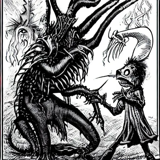 Prompt: beware the jabberwock, my son! the jaws that bite, the claws that catch! beware the jubjub bird, and shun the frumious bandersnatch! | by lewis carroll and hp lovecraft with doctor seuss and hr giger