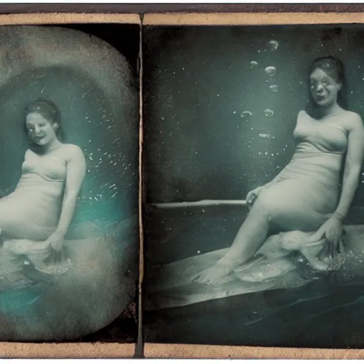 Image similar to tintype photo, underwater, mermaids swimming