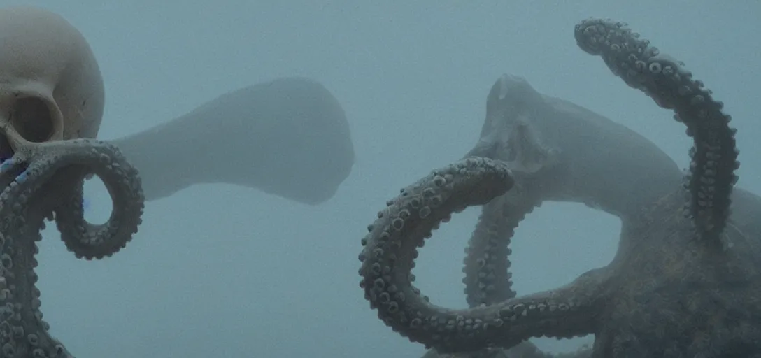 Image similar to an octopus in the shape of a skull, foggy, cinematic shot, photo still from movie by denis villeneuve, wayne barlowe