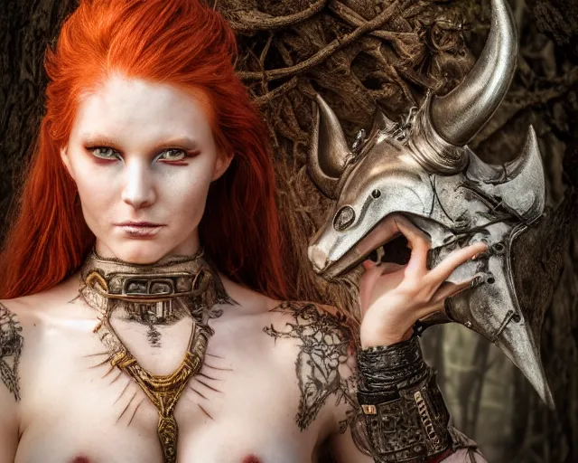 Image similar to 5 5 mm portrait photo of an armored gorgeous anesthetic redhead woman warrior with a face tattoo and horns growing from her head, in a magical forest in the style of stefan kostic, art by luis royo. highly detailed 8 k. intricate. lifelike. soft light. nikon d 8 5 0. cinematic post - processing