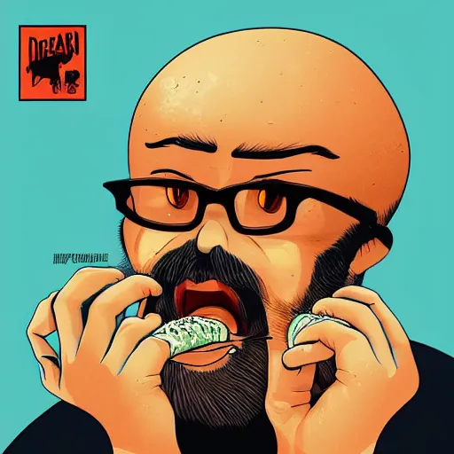 Image similar to beard man angry with italian burger. symmetrical anatomy, hyperdetailed, digital art, baroque, pop punk art style, poster style, illustration, fantasy, full body pictures, without duplication, dribble popular, unreal engine, drawn by ilya kuvshinov and vinicius gud and gustavo zambelli, intricate, balance rendered.