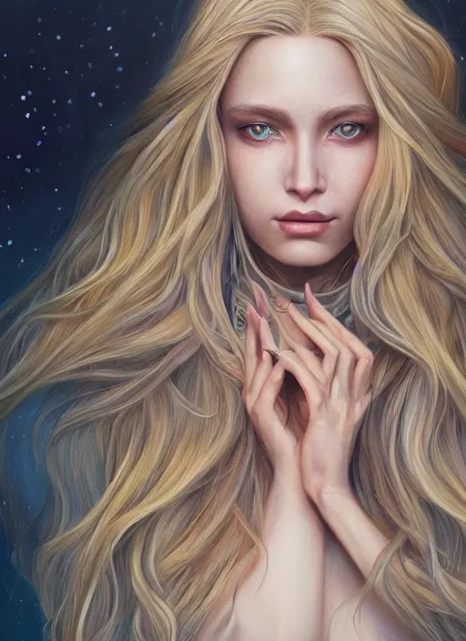 Prompt: a painting of a woman with long blonde hair, a photorealistic painting by magali villeneuve, featured on cgsociety, fantasy art, detailed painting, storybook illustration, photorealistic