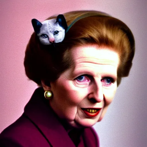 Image similar to Margaret Thatcher wearing cat ears, colour photography