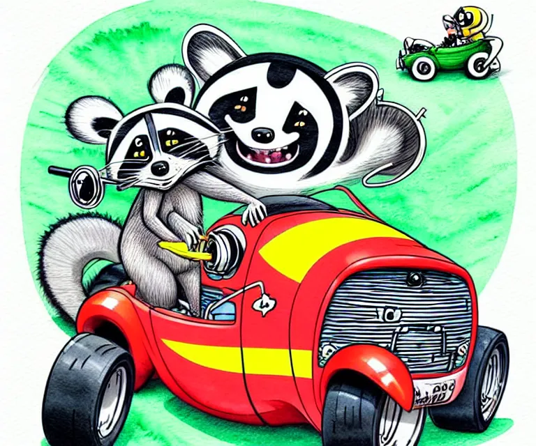 Image similar to cute and funny, racoon wearing racing helmet riding in a tiny hot rod coupe with oversized engine, ratfink style by ed roth, centered award winning watercolor pen illustration, isometric illustration by chihiro iwasaki, edited by range murata