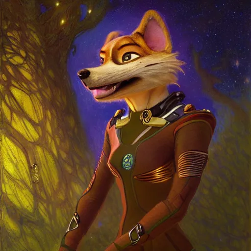 Image similar to a portrait of an female canine alien scales in starfleet uniform at night in a dark forest. zootopia fursona furaffinity furry art detailed face painting by gaston bussiere craig mullins jc leyendecker gustav klimt artgerm greg rutkowski furry