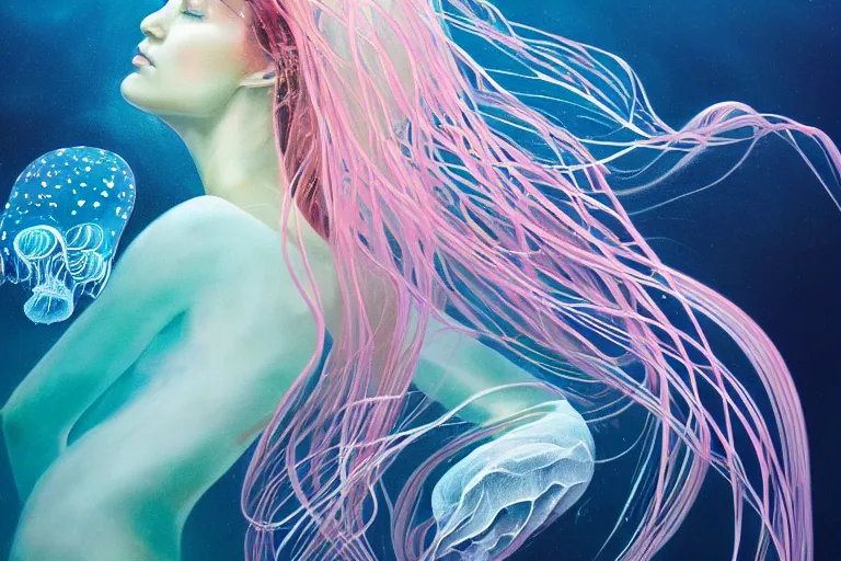 Image similar to full portrait of woman in deep water jellyfish swimming around her, elegant, highly detailed, smooth, sharp focus, trippy, dmt, psychedelic, illustration, beautiful, geometric, trending on artstation, cinematic, artwork by WLOP