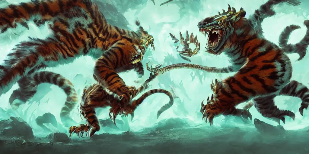 Image similar to Ghostly tiger creature made out of turquoise energy character design sheet, Monster Hunter Illustrations art book, Bright sparks, claws, huge sabertooth fangs, Moebius, Greg Rutkowski, Zabrocki, Karlkka, Jayison Devadas, Phuoc Quan, trending on Artstation, 8K, ultra wide angle, zenith view, pincushion lens effect.