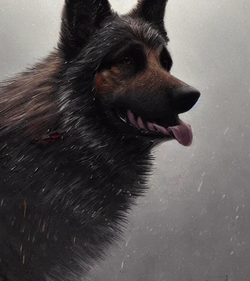 Image similar to new york city portrait of furry anthro anthropomorphic german shepard head animal person fursona wearing clothes strange cybernetic muzzle gloomy rainy cyberpunk digital art by Greg Rutkowski, Simon Stalenhag, christopher nolan trending on Artstation, CGSociety