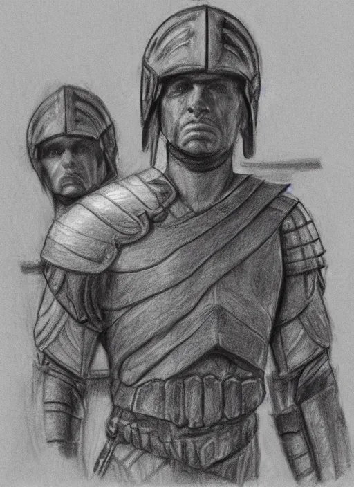 Image similar to a realistic pencil drawing of a praetorian guard in the forest of gaul, pronounced masculine features, low dutch angle, face in focus, natural lighting, realism, strong muscular features