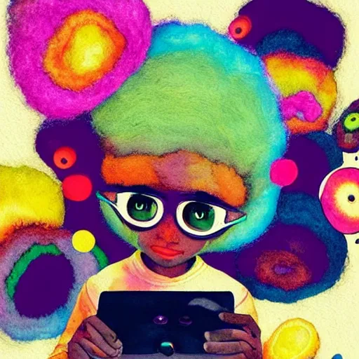 Prompt: a black girl with a colorful afro and big colorful eyes play videogames in a vast and endless arcade, bright colours, bokeh!!, watercolor, volumetric wool felting, macro photography, children illustration, by goro fujita