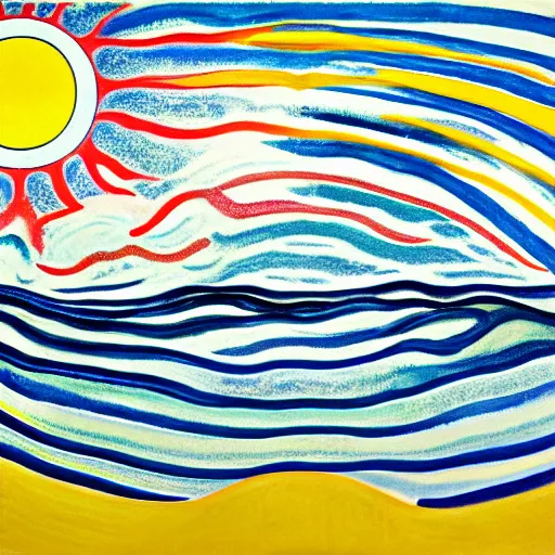 Image similar to sun shining through clouds, Edvard Munch, David Hockney, Takashi Murakami, Minimalist,