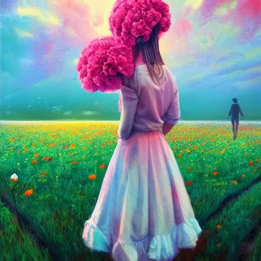 Prompt: head made of carnations flower, girl standing in a flower field, surreal photography, sunrise dramatic light, impressionist painting, colorful clouds, digital painting, artstation, simon stalenhag, flower face