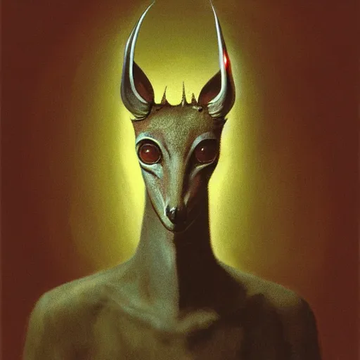 Image similar to portrait of a dik dik with red glowing eyes in hood and crown of thorns, dark fantasy, Warhammer, artstation painted by Zdislav Beksinski and Wayne Barlowe