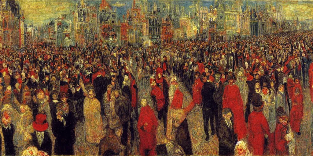 Image similar to christ's entry into brussels in 1 8 8 9. james ensor. ( 1 8 8 8 ) oil on canvas