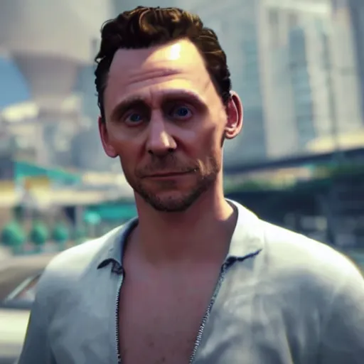 Image similar to in-game screenshot of Tom Hiddleston in GTA V, 3d render, Unreal Engine, octane render, ray tracing, Unity, highly detailed, high quality, HD, 4k, 8k, realistic, sharp, trending