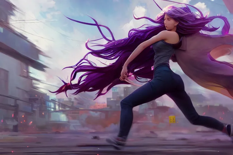 Prompt: A wide-angle anime still of Jennifer Lawrence with long purple hair running through urban battlefield by Stanley Artgerm Lau, WLOP, Rossdraws, James Jean, Andrei Riabovitchev, Marc Simonetti, and Sakimichan, trending on artstation