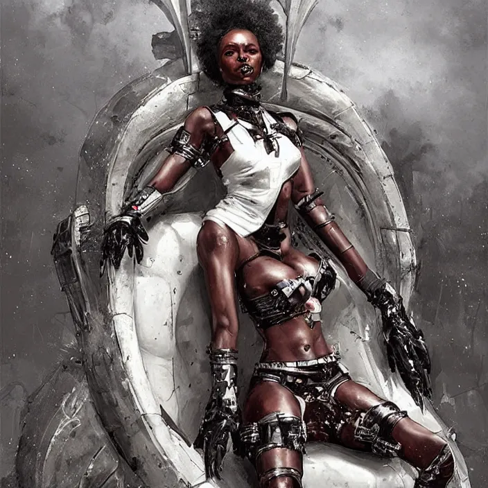 Prompt: postapocalyptic african domme mistress in her throne, futuristic, ebony skin, rubber and latex, spikes, smooth white surroundings, smooth, concept art, realistic painting, digital art by greg rutkowski, by junji ito