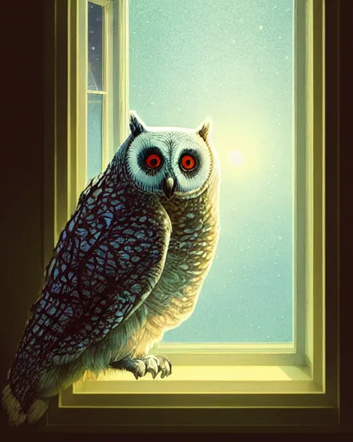 Image similar to polar owl delivers an envelope at the window - sill, by artgerm, victo ngai, ryohei hase, artstation, highly detailed digital painting, smooth, global illumination, art by john james audubon by greg rutkowsky, karl spitzweg, leyendecker