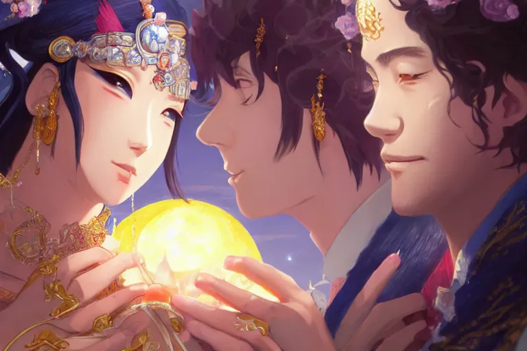 Image similar to close up moment of a divine a japan sun god and a moon goddess lovers magician at a wedding banquet, highly detailed, d & d, fantasy, 4 k realistic, digital painting, trending on artstation, concept art, sharp focus, illustration, art by makoto shinkai and akihiko yoshida and daniel gerhartz