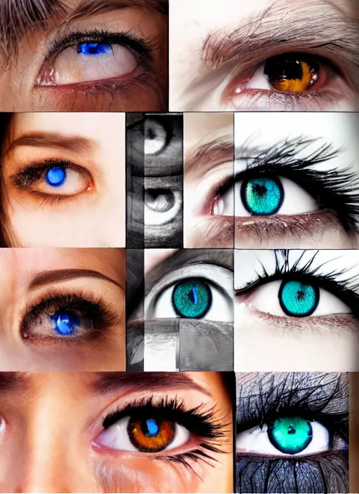 Image similar to grid montage of square shaped eyes, square shaped dilated pupils, square irises, detailed colored textures, eyelashes, advanced art, art styles mix, from wikipedia, wet reflections in eyes, sunshine light, hd macro photograph, from side, various eyelid positions, square black pupil centered