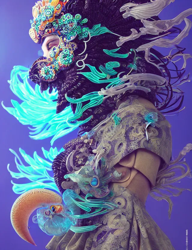 Image similar to 3 d goddess close - up profile solarpunk portrait ram skull. beautiful intricately detailed japanese crow kitsune mask and clasical japanese kimono. betta fish, jellyfish phoenix, bio luminescent, plasma, ice, water, wind, creature, artwork by tooth wu and wlop and beeple and greg rutkowski