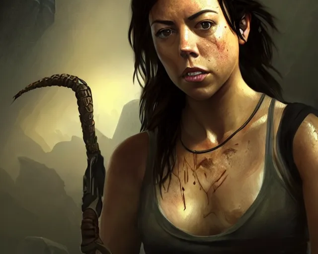 Image similar to a gaming screenshot still portrait of aubrey plaza in tomb raider, deep focus, d & d, fantasy, intricate, elegant, highly detailed, digital painting, artstation, concept art, matte, sharp focus, illustration, dark fantasy style art, hearthstone, art by artgerm and greg rutkowski and alphonse mucha