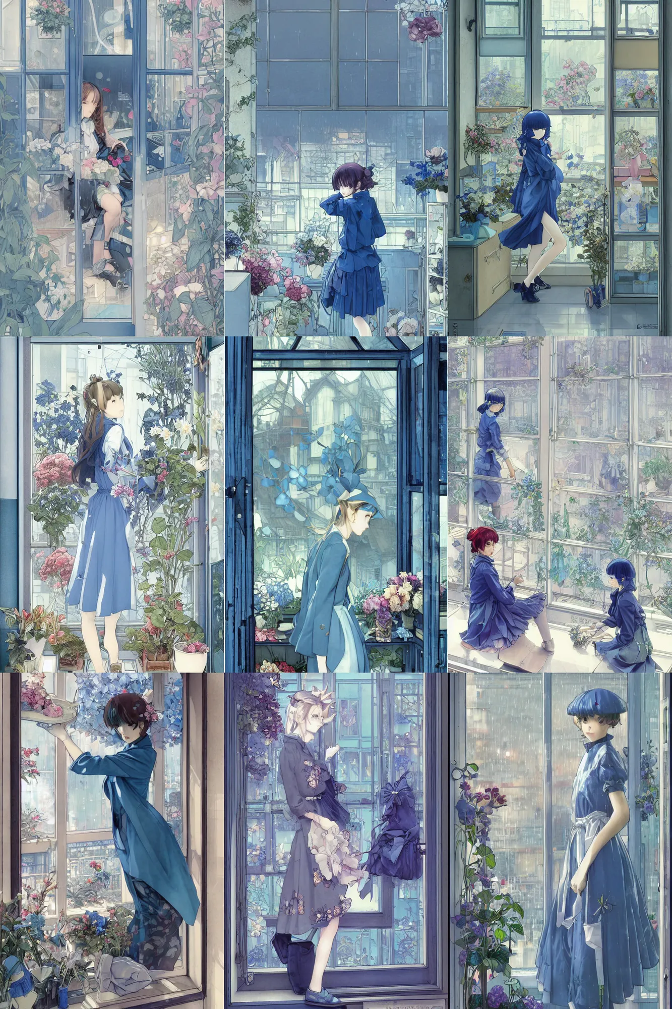 Prompt: Through the window a girl working in a flower shop in the afternoon, it is raining outside the window,blue and grey theme,JK uniform ,Hairdryer,blue theme,S line,45 angel by krenz cushart and mucha and range murata and greg rutkowski