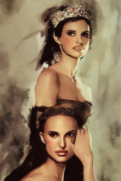 Prompt: elegant romantic portrait of natalie portman by jeffery catherine jones and frank frazetta