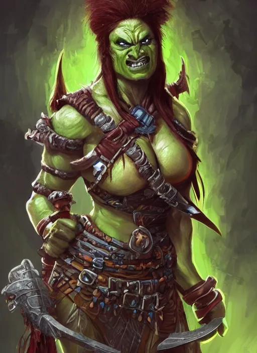 Prompt: female orc barbarian, ultra detailed fantasy, dndbeyond, bright, colourful, realistic, dnd character portrait, full body, pathfinder, pinterest, art by ralph horsley, dnd, rpg, lotr game design fanart by concept art, behance hd, artstation, deviantart, hdr render in unreal engine 5