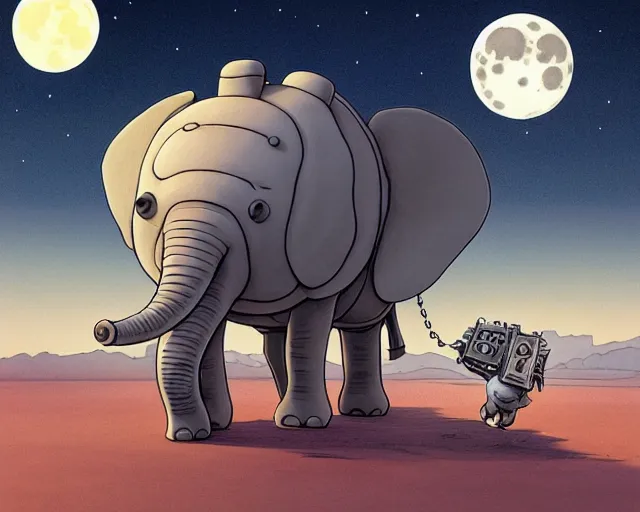 Image similar to a cell shaded cartoon tiny grey lovecraftian mechanized elephant from howl's moving castle ( 2 0 0 4 ), with a big head, on a desert road, wide shot, in front of a big moon, muted colors, post grunge, josan gonzales, wlop, by james jean, victor ngai, hq, deviantart, art by artgem