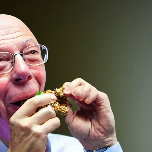 Image similar to a press photo of Klaus Schwab of the world economic forum eating bugs and other insects, horrible, 8k