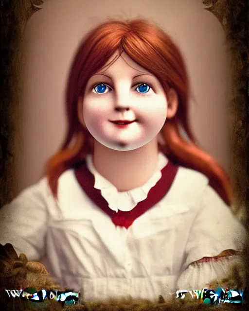 Image similar to wendy's mascot wendy thomas 1 8 9 0's photography, face in focus, 8 k, realistic