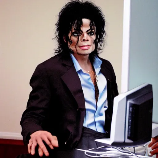 Prompt: Michael Jackson angry at his computer in a Discord server