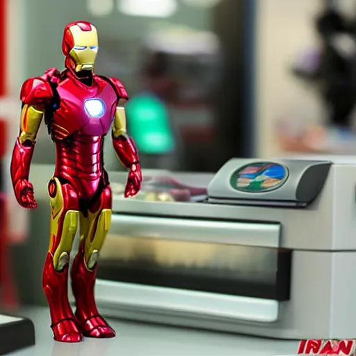 Image similar to Iron Man working as a 7/11 cashier, macro, wide shot, very detailed