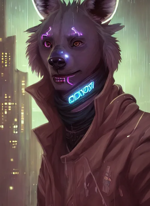 Image similar to beautiful portrait commission of a male furry anthro hyena fursona wearing cyberpunk jedi robes in a cyberpunk city at night in the rain. character design by charlie bowater, ross tran, artgerm, and makoto shinkai, detailed, inked, western comic book art