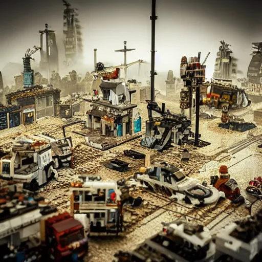 Image similar to post - apocalyptic lego - city, very detailed photo, ambient light, grotesque mood