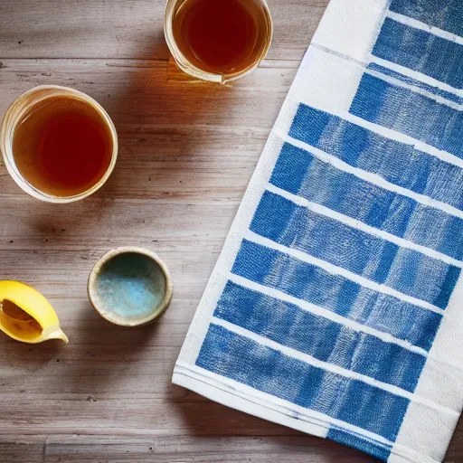 Prompt: a tea towel lying on a table, above view, photograph, 4 k