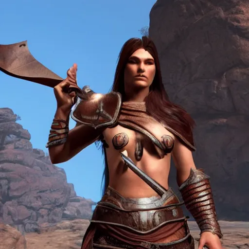 Prompt: Conan Exiles, female character wearing armour and pointing a sword at the camera