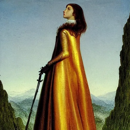 Prompt: a beautiful girl, long hair, wearing golden full body armor, elegent, smooth, exudes purity, caspar david friedrich