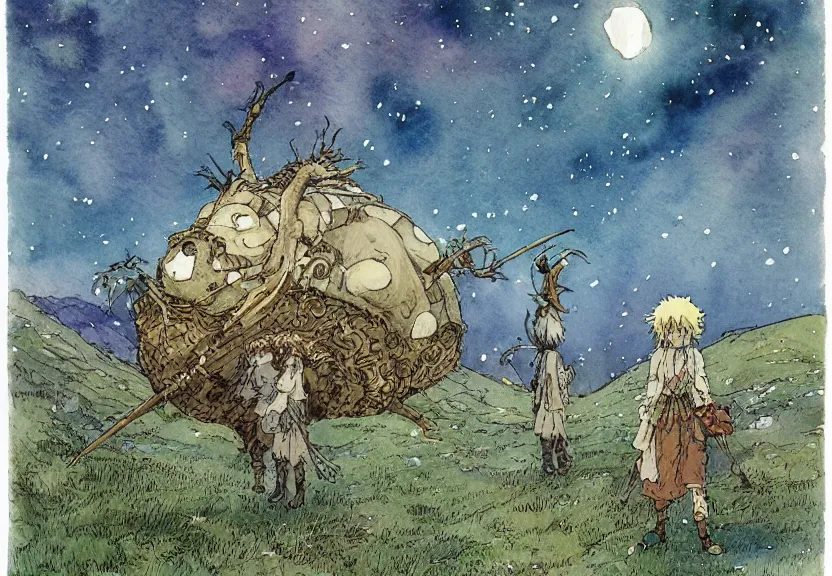 Image similar to a simple watercolor studio ghibli movie still fantasy concept art of a giant shaman from howl's moving castle ( 2 0 0 4 ) on the moors of ireland. it is a misty starry night. by rebecca guay, michael kaluta, charles vess